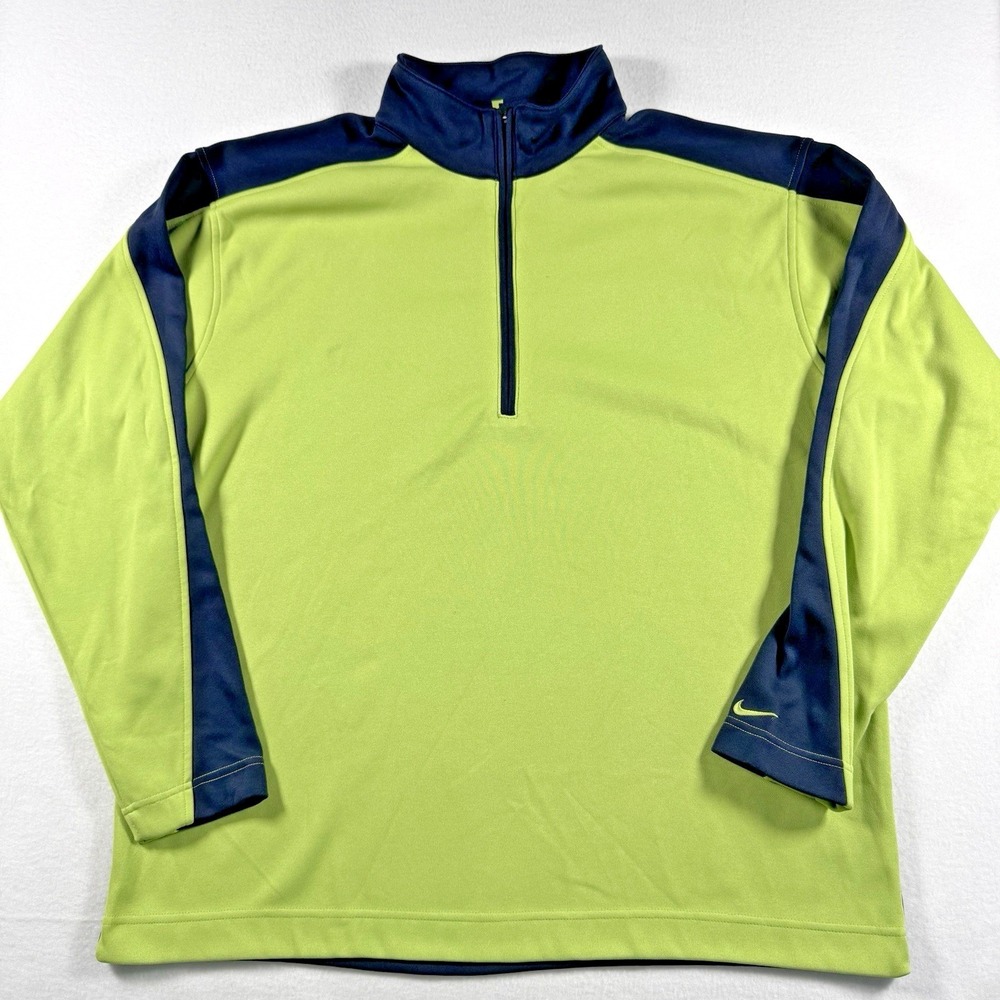 Nike Golf Dri-FIT Pullover Men XXL Lime Green Navy Blue 1/4 Zip Long Sleeve - Picture 3 of 8
